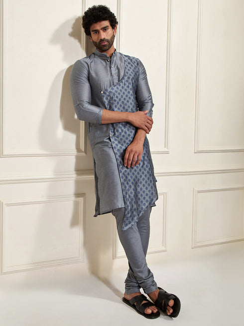 VASTRAMAY Men's Grey Cotton Blend Kurta